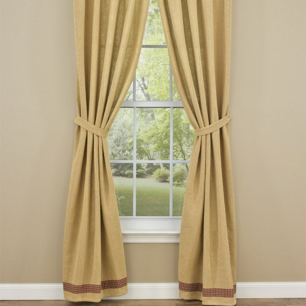 Country Burlap Window Curtains with Dark Wine Stripe - 63 inch length